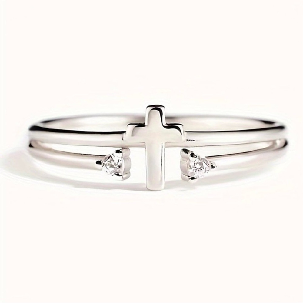 White Gold Plated Cross Ring with CZ | Minimalist Faith Ring - Picture 3 of 5